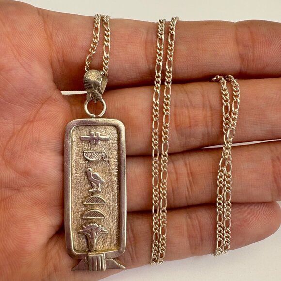VTG Sterling Silver 925 Hieroglyphic Pendant Chain Necklace Size 26" Length - Picture 10 of 15
